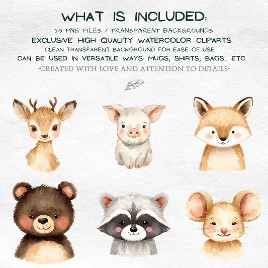 Watercolor Woodland Portraits Clipart, Cute Animals Clipart