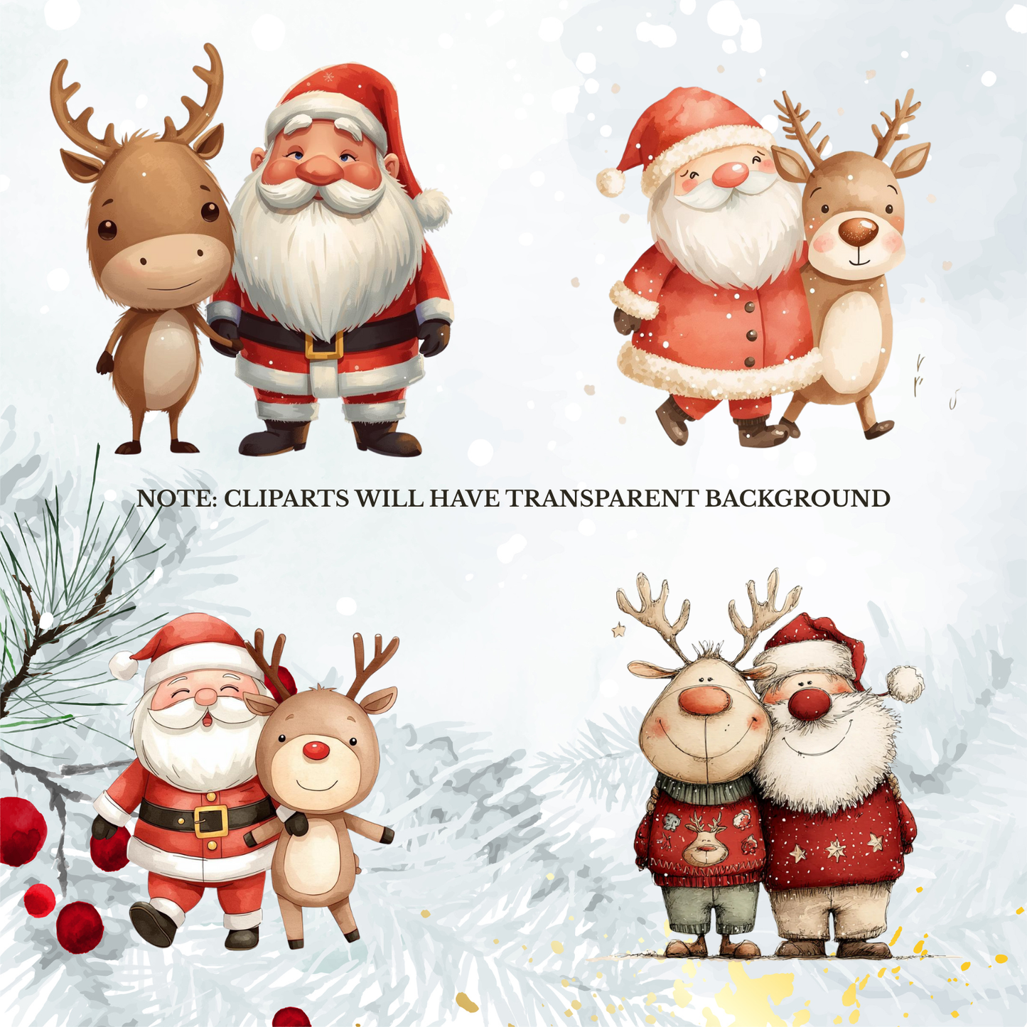 Santa & Reindeer Christmas Clipart: Festive Holiday Graphics (Digital Download - 54 PNGs)