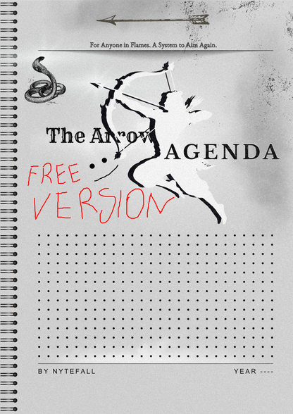 Notebook cover with 'The Arrow Agenda' design featuring a silhouette of a person with an arrow through their chest on a gray background.