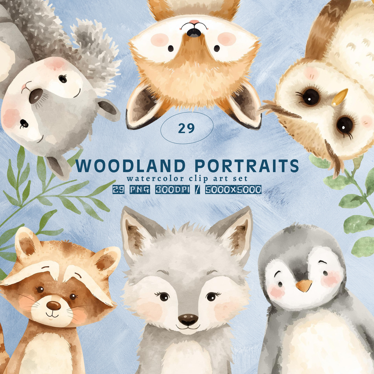 Watercolor Woodland Portraits Clipart, Cute Animals Clipart
