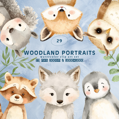 Watercolor Woodland Portraits Clipart, Cute Animals Clipart