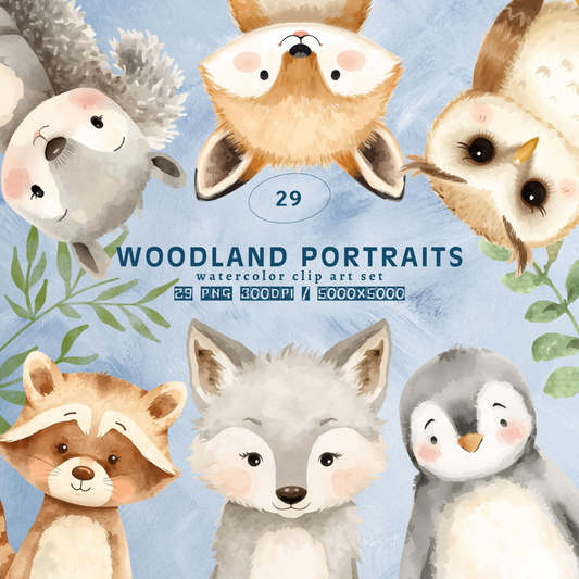 Watercolor Woodland Portraits Clipart, Cute Animals Clipart