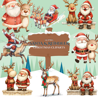 Santa & Reindeer Christmas Clipart: Festive Holiday Graphics (Digital Download - 54 PNGs)