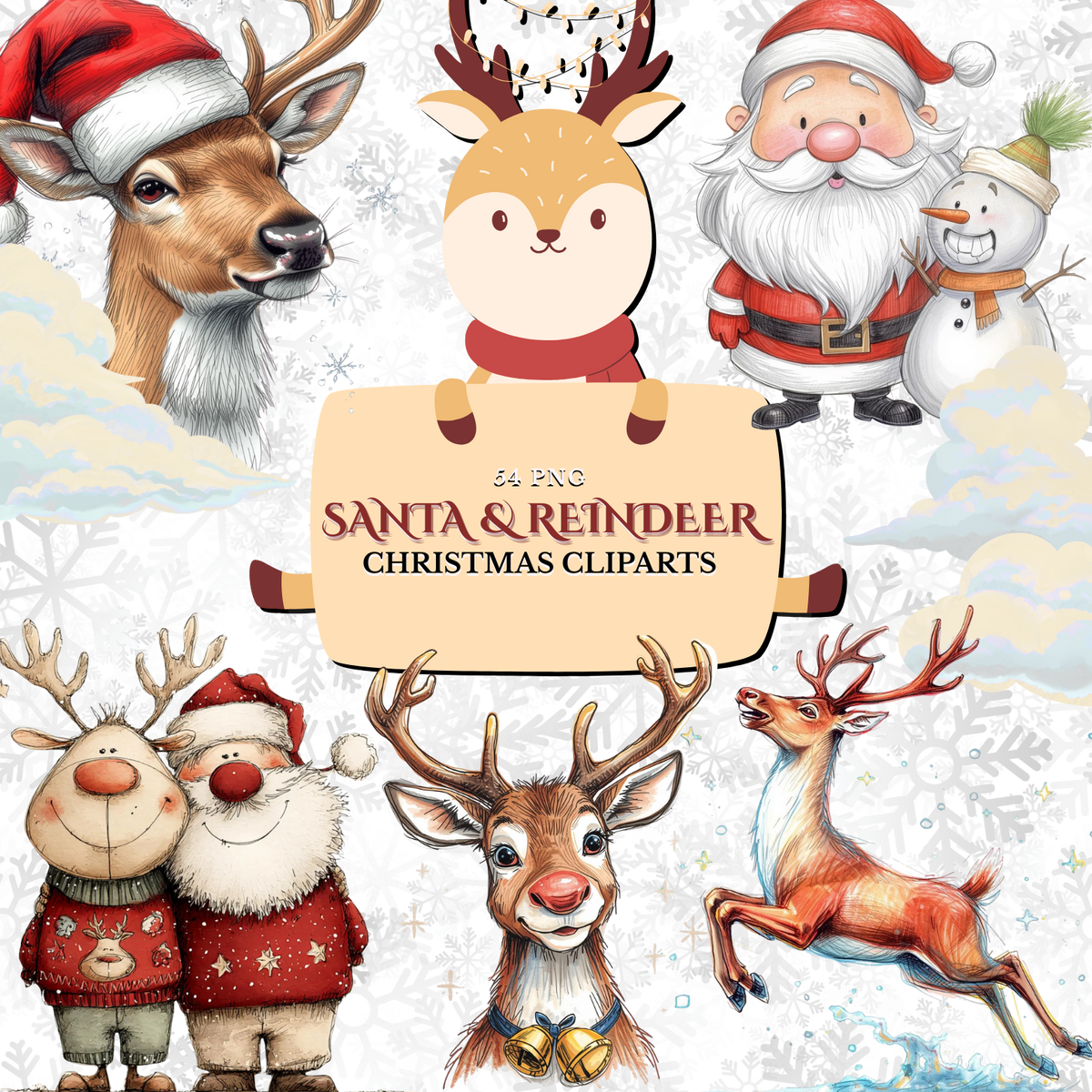 Santa & Reindeer Christmas Clipart: Festive Holiday Graphics (Digital Download - 54 PNGs)