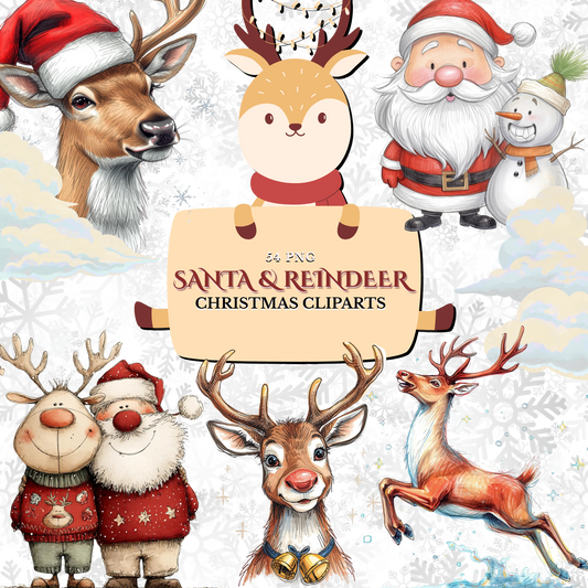 Santa & Reindeer Christmas Clipart: Festive Holiday Graphics (Digital Download - 54 PNGs)