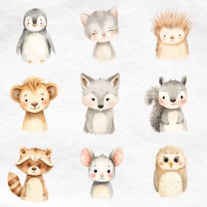 Watercolor Woodland Portraits Clipart, Cute Animals Clipart