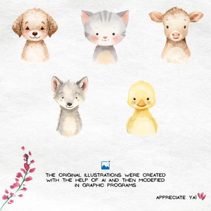 Watercolor Woodland Portraits Clipart, Cute Animals Clipart