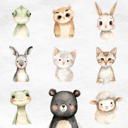 Watercolor Woodland Portraits Clipart, Cute Animals Clipart